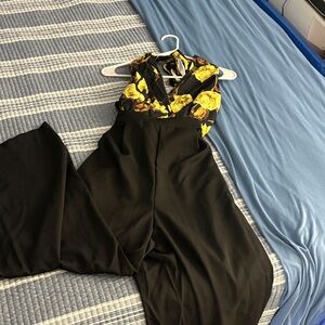 Floral Halter Jumpsuit - Black and Yellow
